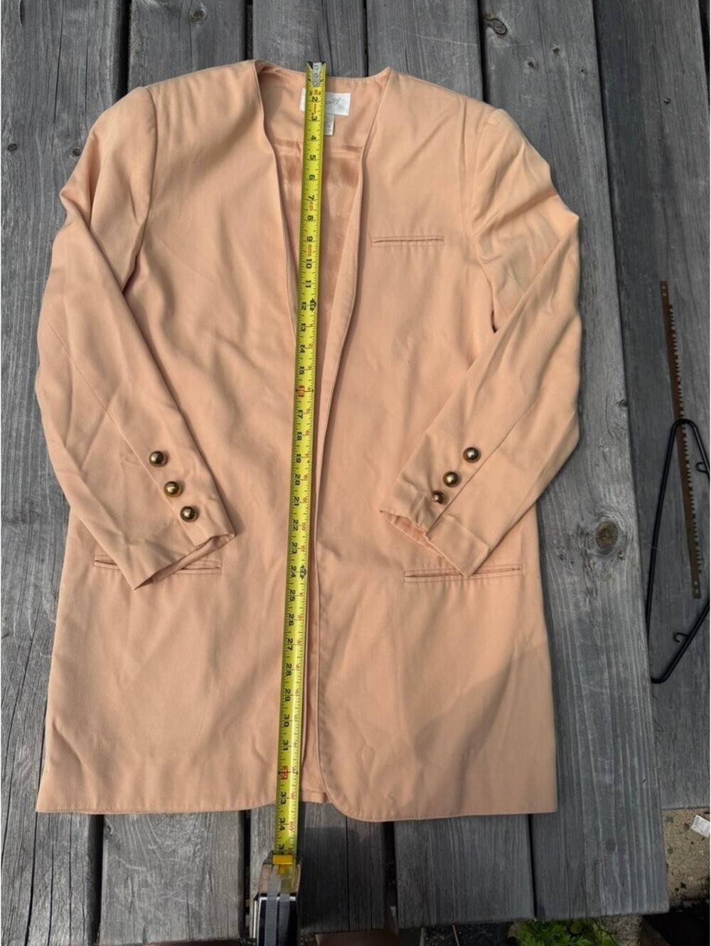 Vintage Apart Women’s Peach Longline Collarless Blazer Size 10‎ Gold Buttons USA - Picture 8 of 10